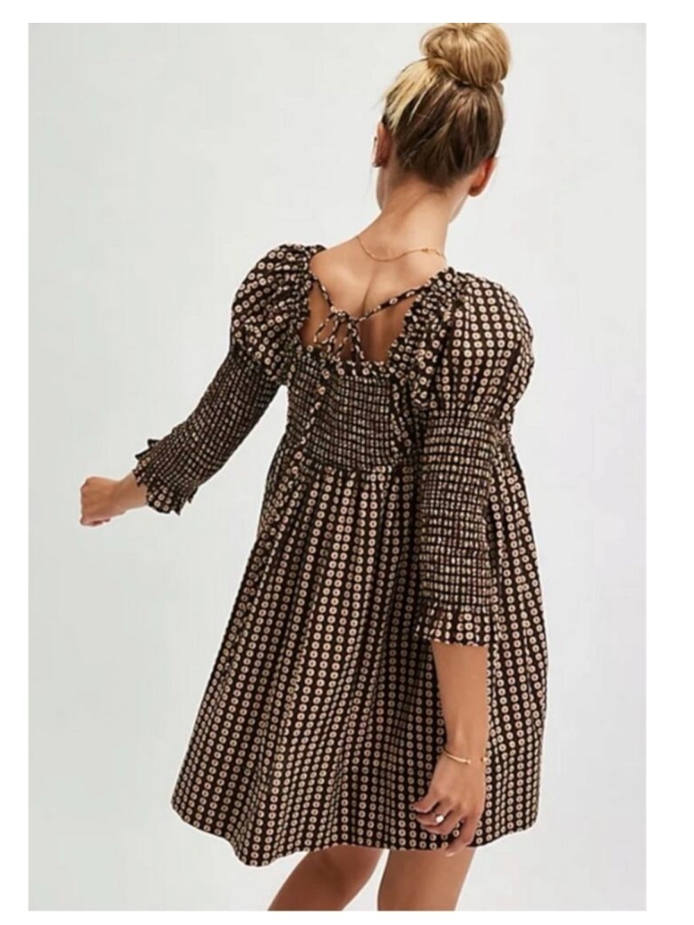 Free People Women’s Star Dip Mini Dress in Black Brown Combo Retro Babydoll Sz M - Picture 6 of 14